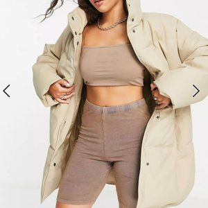 ASOS DESIGN rubberised oversized puffer jacket in camel